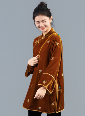 【彩蝶】真丝丝绒刺绣斜襟新中式太太服复古风国风中式简约250830