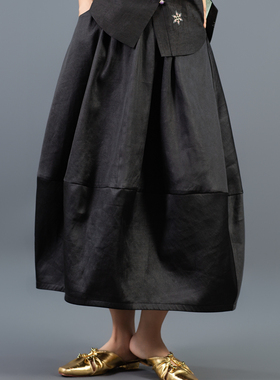 【花苞裙】黑色素绉缎香云纱花苞裙 新中式国风百搭半裙250620K