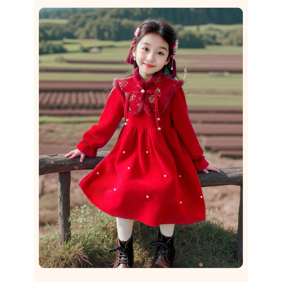 女宝宝披肩红色加绒加厚连衣裙冬季新款小女孩洋气新年年服