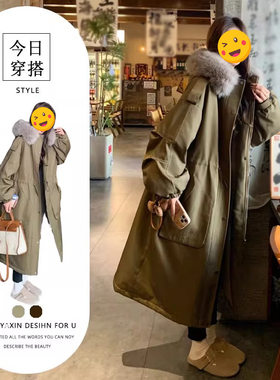 大毛领派克服女新款春秋季韩版中长款棉衣棉服工装外套连帽