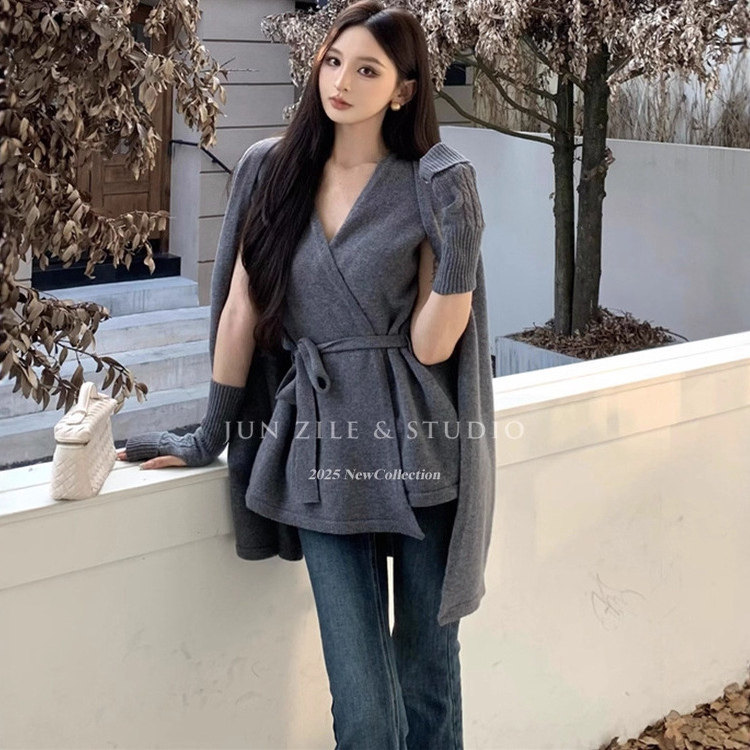 毛衣外套气质时髦设计感系带针织衫上衣2025秋冬季女装假两件斗篷