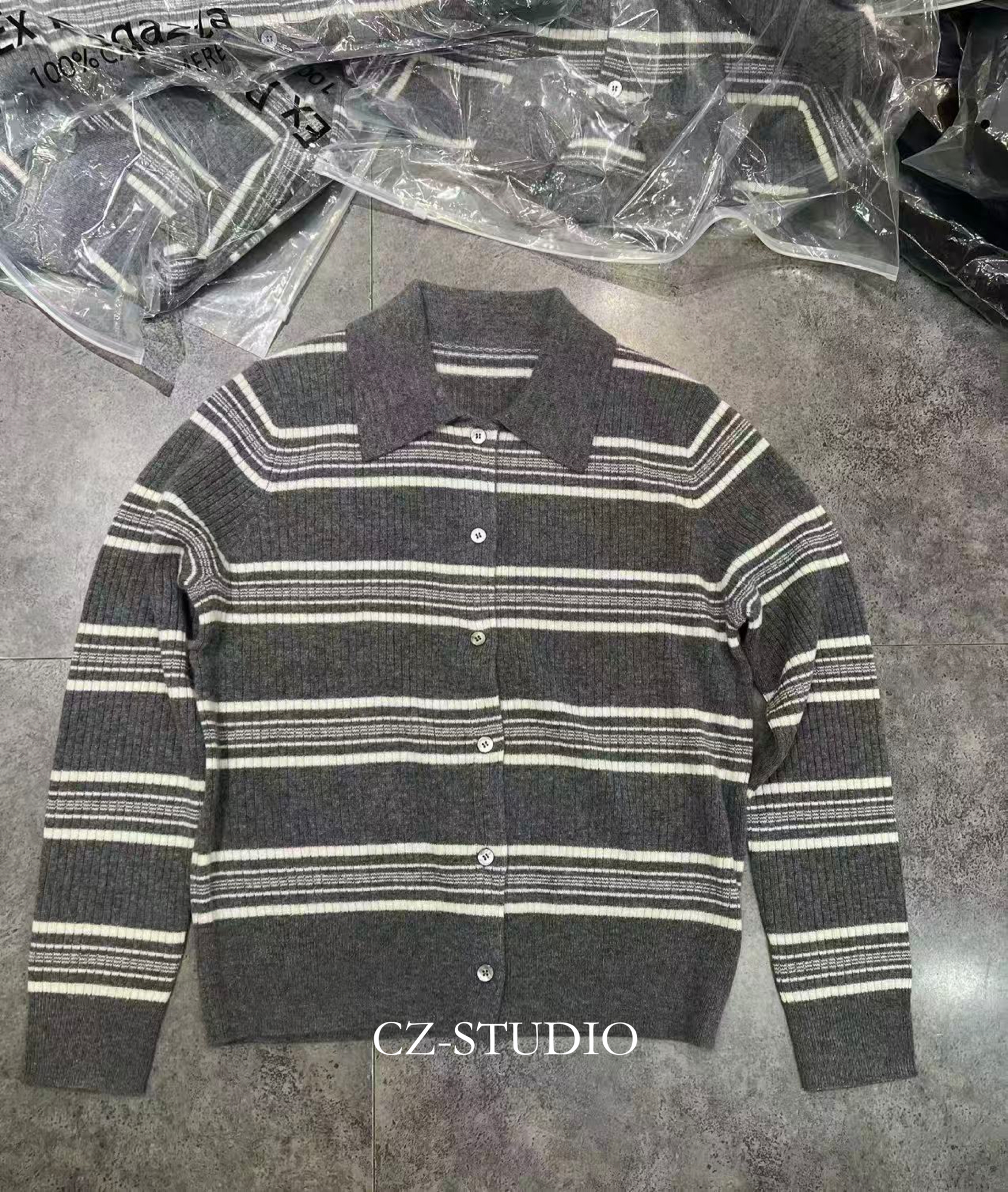 欧洲站2025秋冬新款欧货时尚POLO领单排扣拼色条纹山羊绒毛衣上衣