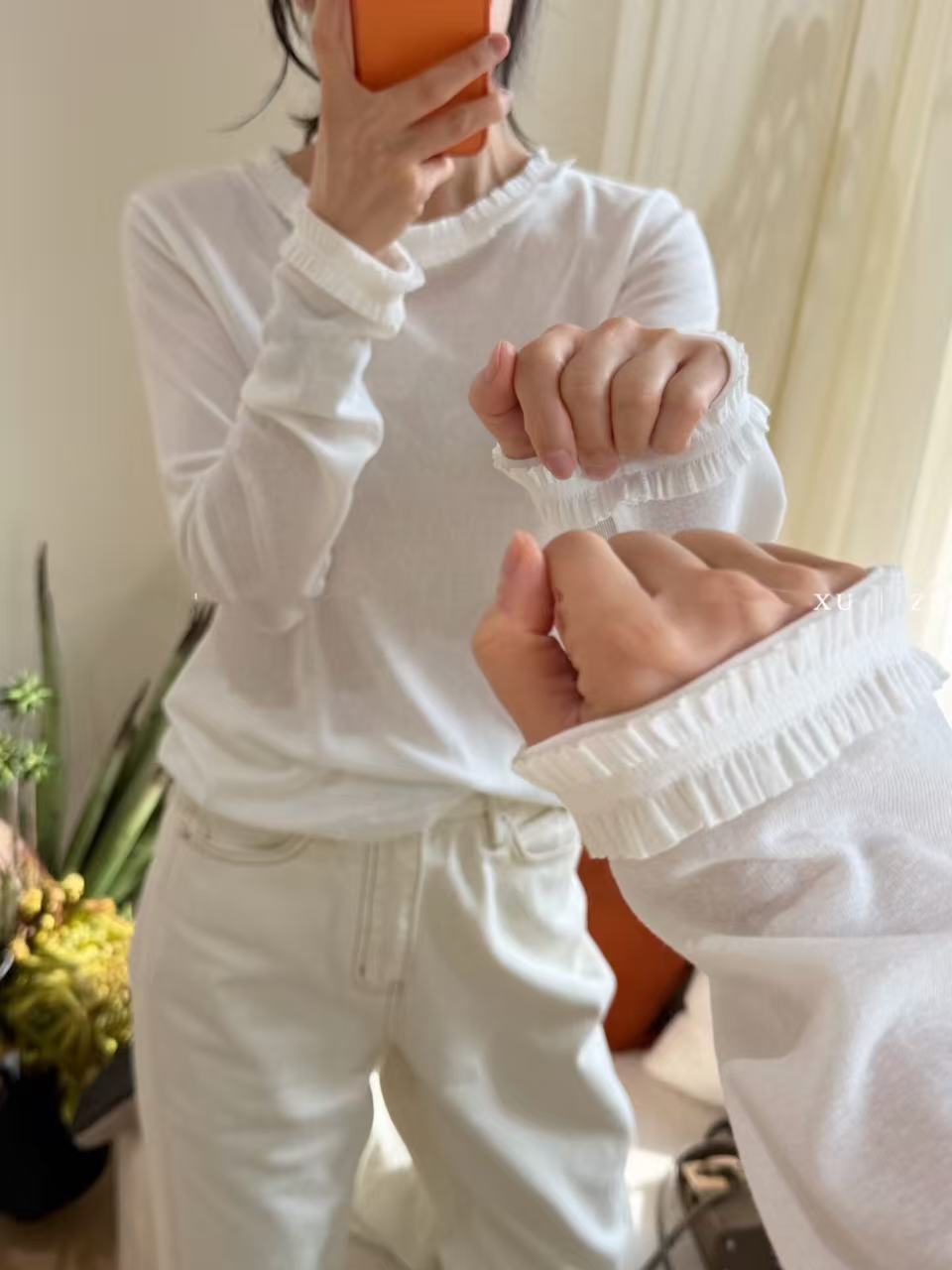 2026早秋网纱拼接木耳边T恤女