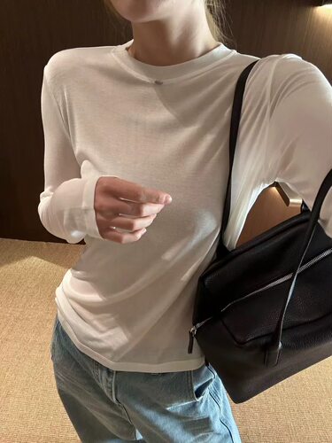 欧洲站2026春季新款 欧货时尚纯色圆领百搭天丝羊毛长袖T恤打底衫