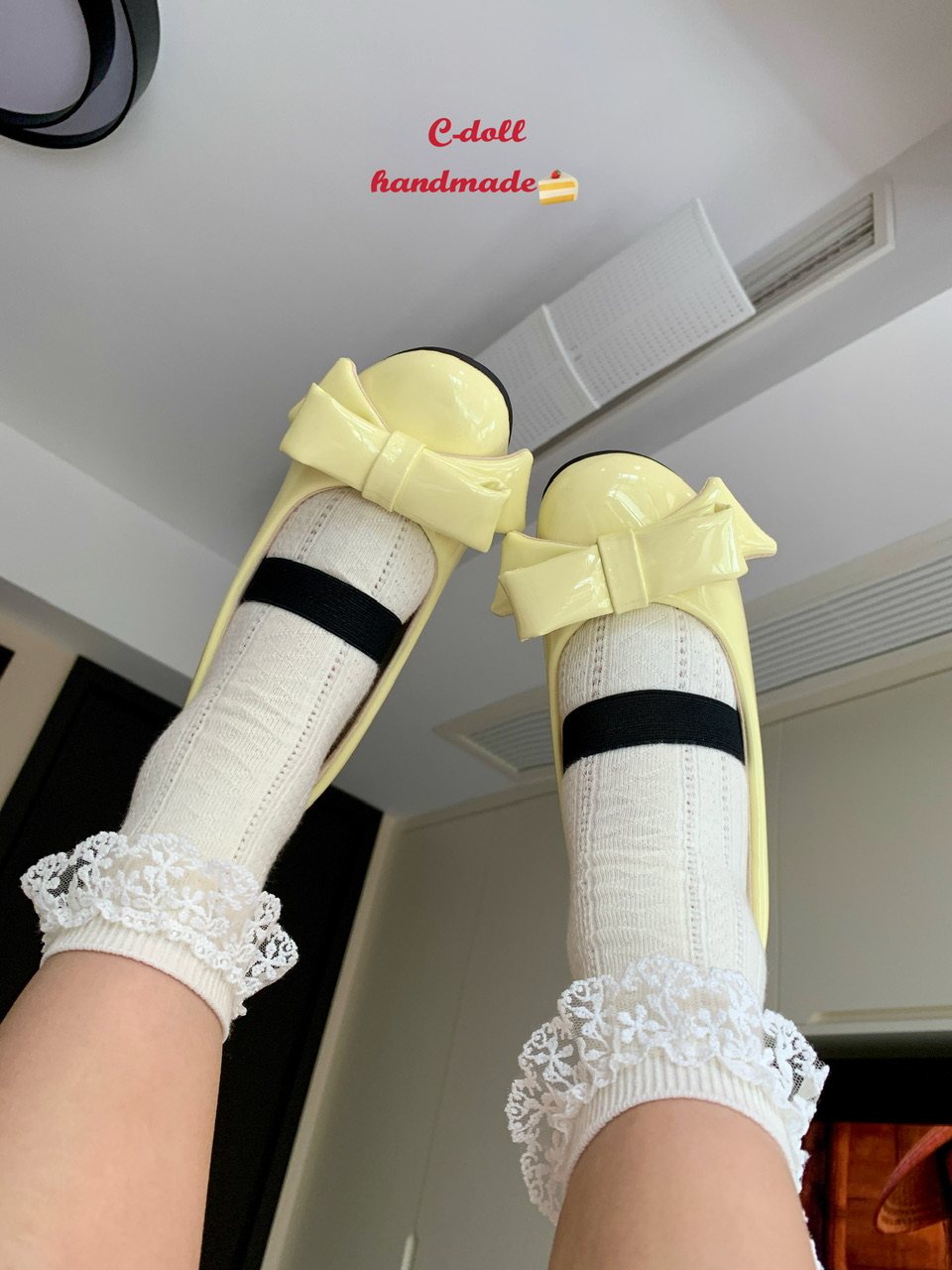 C-DOLLHANDMADE SCHEMING HIGHENING BOW BREAD SHOE 라운드 토 코튼 충전 여성용 발레 슈즈 3가지 색상