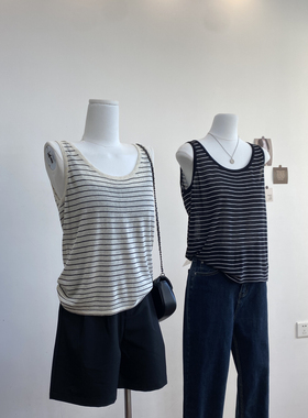韩系ins风亚麻薄款条纹针织吊带背心女夏季宽松透气内搭无袖上衣