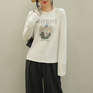 秋冬季新款长袖T恤女打底衫上衣小衫外穿宽松简约德绒印花短款厚