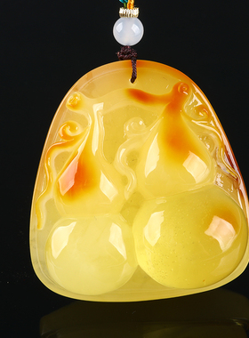 欧说珠宝 25.64克福禄双全原矿鸡油黄俏色巧雕葫芦蜜蜡吊坠项链