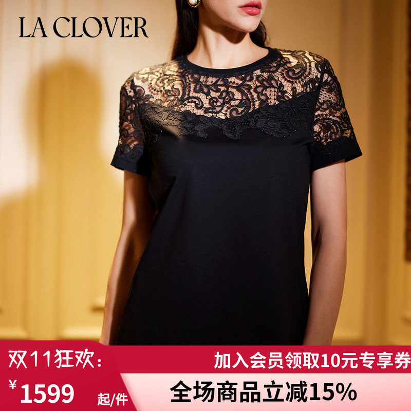 LACLOVER女士修身蕾丝短袖T恤
