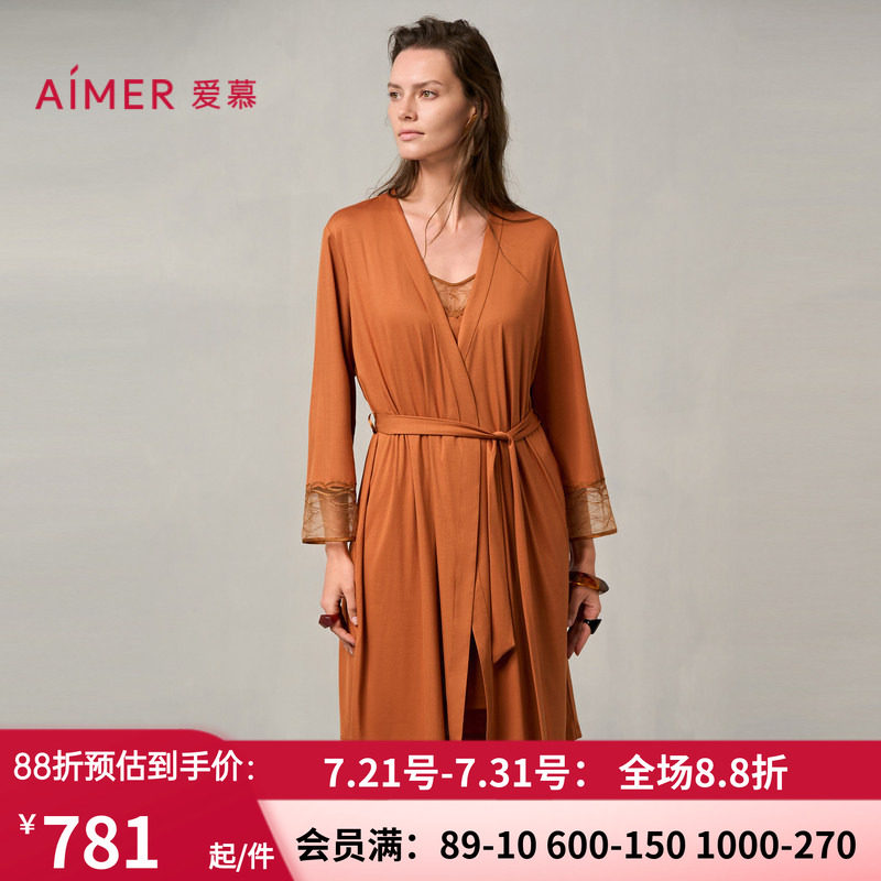 爱慕梦远星河睡衣女秋冬薄款蕾丝晨袍莫代尔睡袍AM48A041