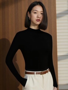 德国扬子纱气质黑色半高领羊毛针织衫女2026秋季打底衫可机洗