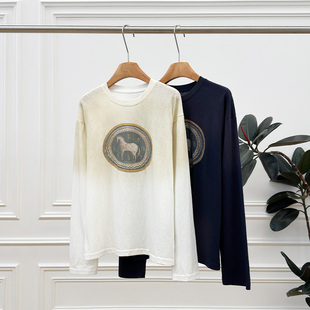 马匹印花喷色长袖T恤！精梳棉软绵挺括 水浆渗透印花 定染复古色~