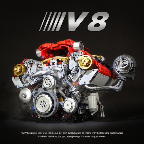488超级跑车大型V8发动机积木