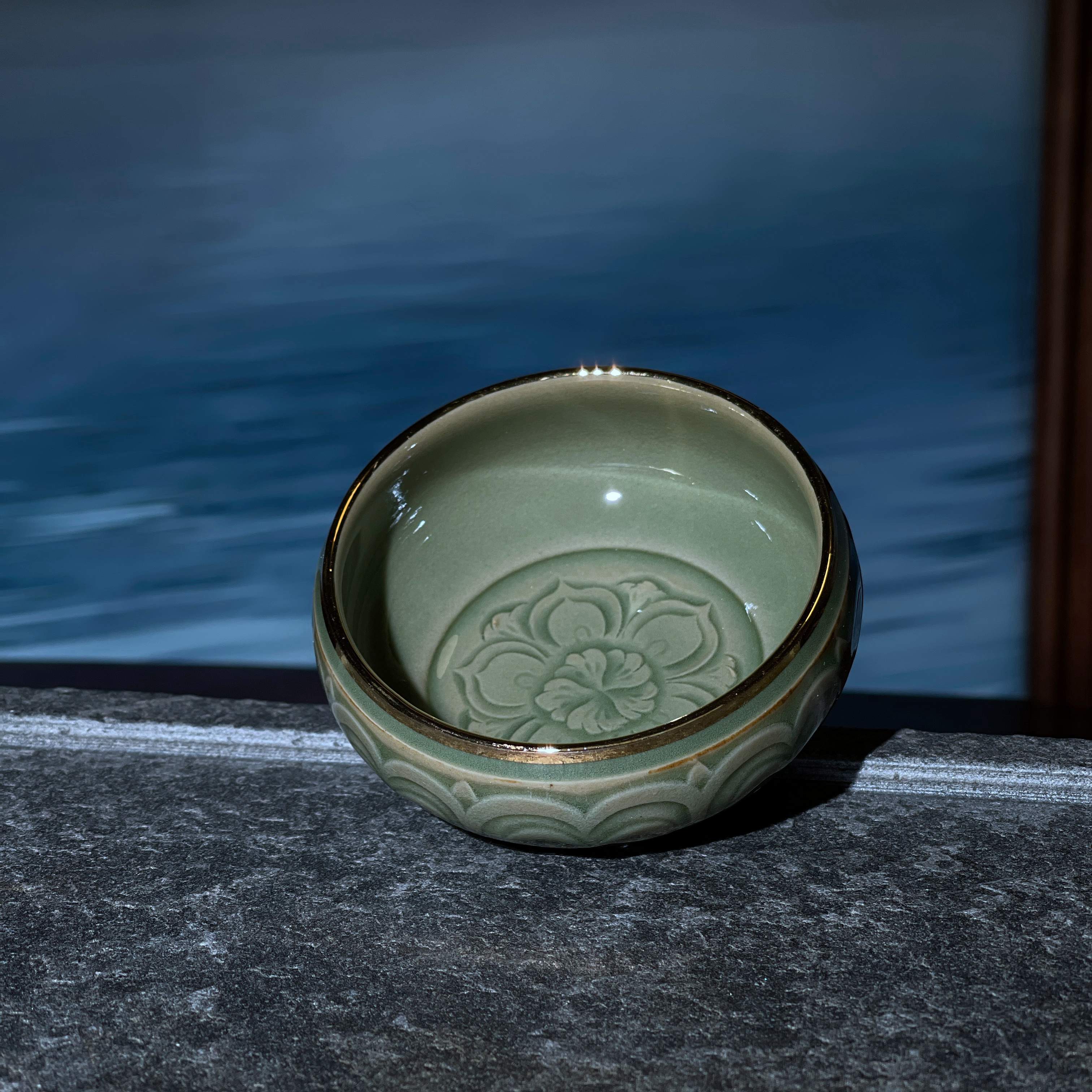 纯手工茶具刻花24K金耀州窑金钵