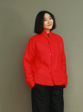 姜欢设计 红色冬款纯麻内加棉中式立领过年系宽松短款棉袄