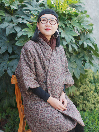 姜欢设计冬款咖色暗花厚款亚麻