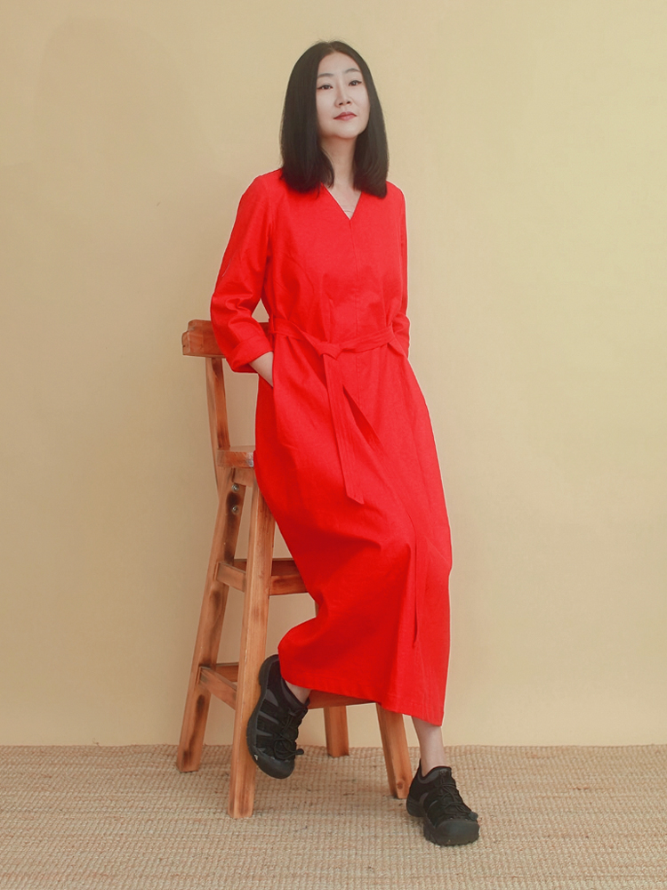 通勤宽松亚麻纯色系带原创设计