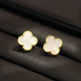 经典镀金色白贝母四叶草耳钉气质s925银针叶子耳坠无耳洞耳夹款女
