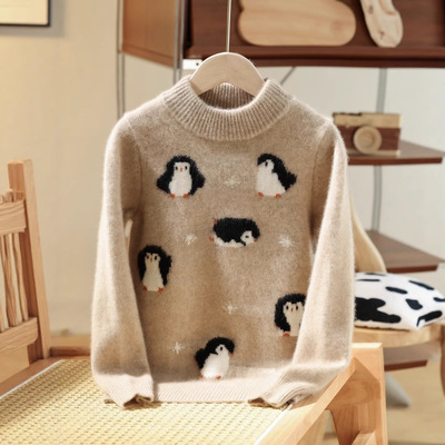 秋冬新款2025年纯羊毛七针加厚半高领针织衫企鹅提花套头男女童装
