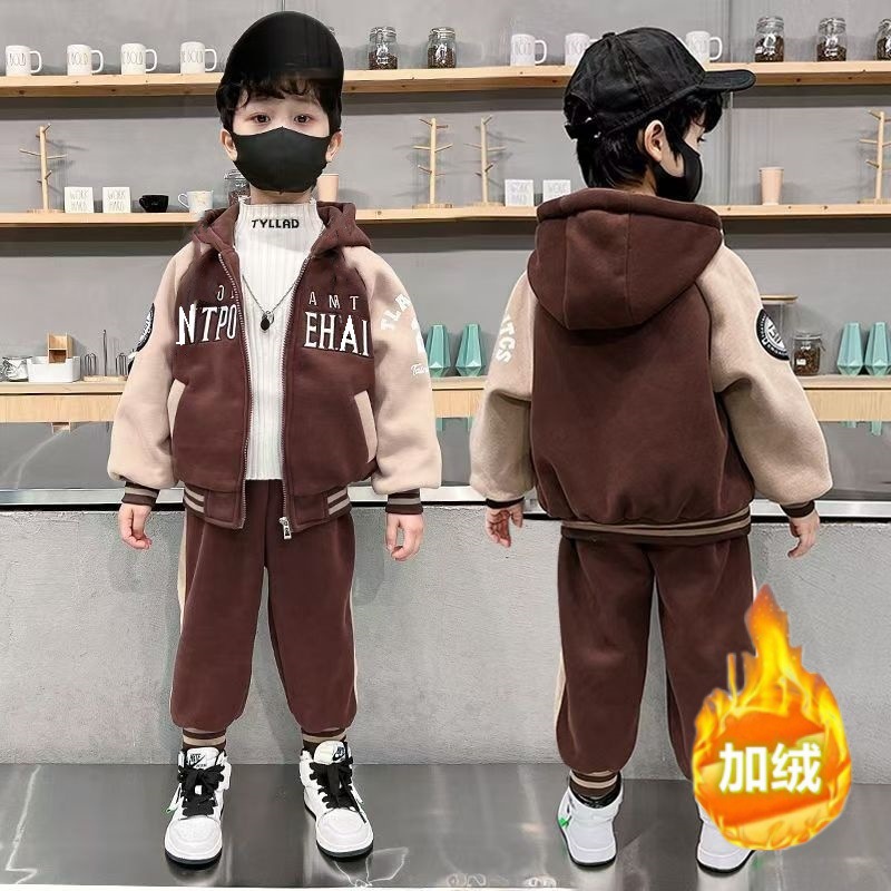 儿童装男童套装加绒冬季2025新款中大童加厚外套休闲长裤男孩冬装