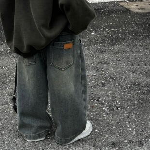 2026冬季新款韩版男童一体绒裤子时尚复古做旧加绒儿童牛仔裤潮