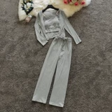 Осенний комплект, короткий лонгслив, кардиган, штаны, красивая спина, 3 предмета