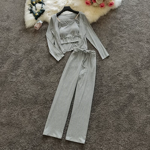 Осенний комплект, короткий лонгслив, кардиган, штаны, красивая спина, 3 предмета