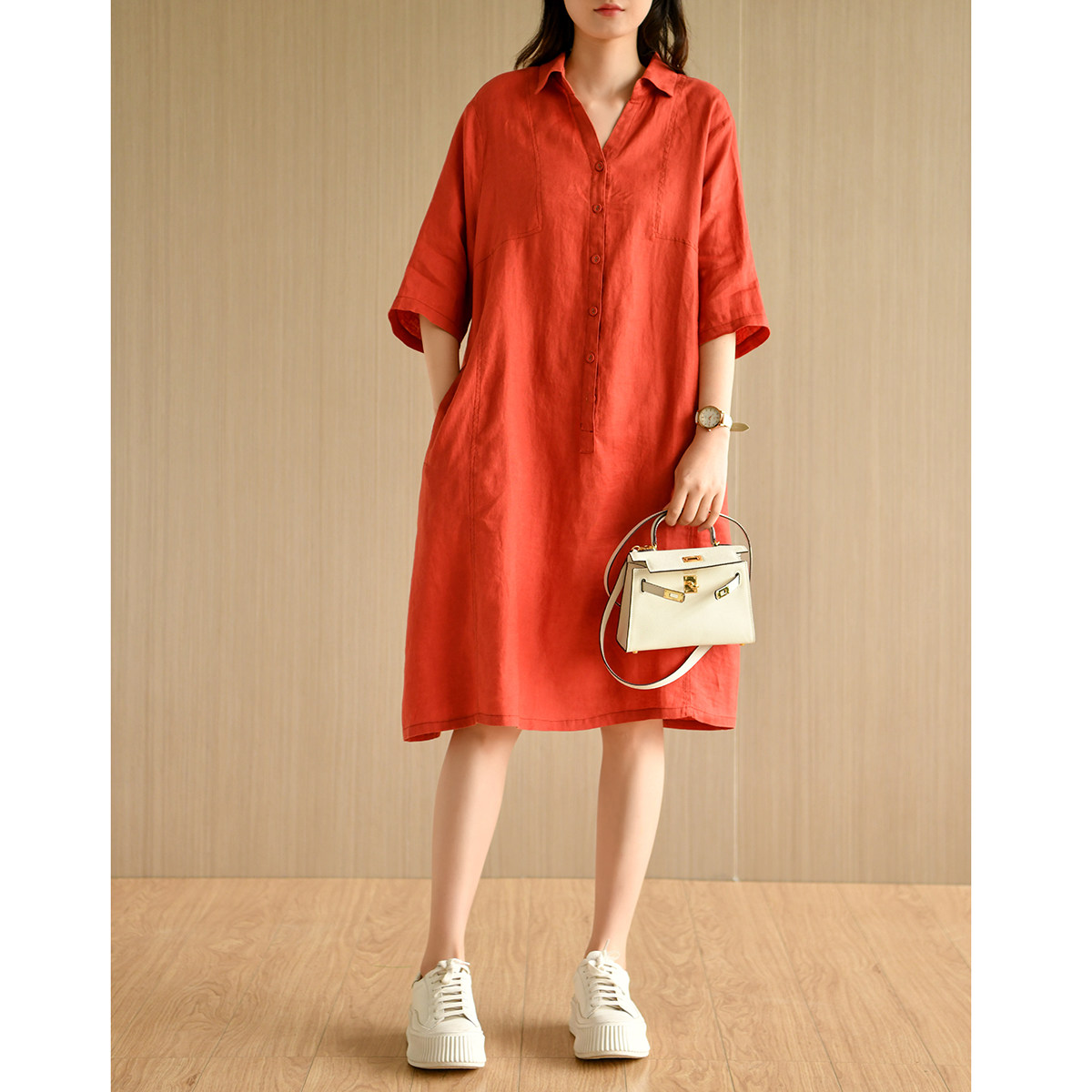 天然出品  宽松文艺两色衬衫翻领棉麻质感五分袖连衣裙夏季qa3788