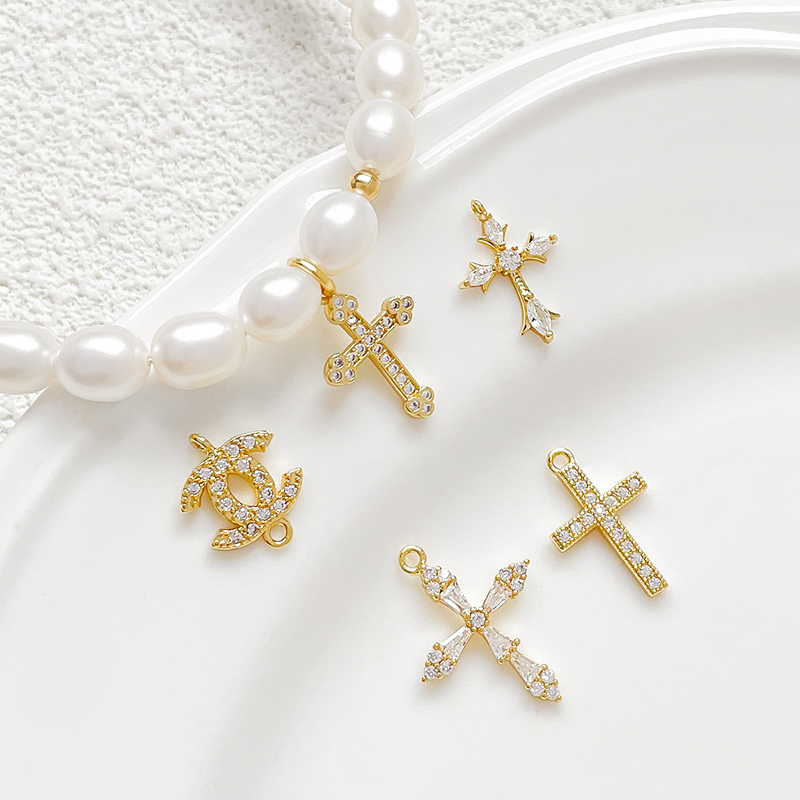 锆石十字架双C吊坠铜包金配件