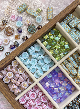 进口捷克琉璃梅花玫瑰复古图腾长牌圆珠描边晕染diy手工串珠散珠