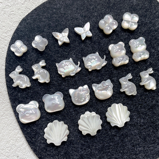DIY饰品配件天然贝壳贝母可爱玉兔小猫直孔珠手链项链耳饰配件