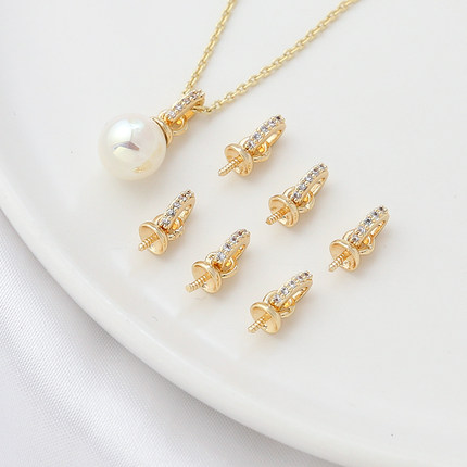 14k包金保色镀真金镶锆可插珍珠瓜子扣吊坠diy饰品手链项链配件