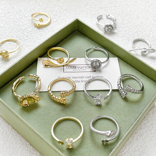 18k铜包金保色镶锆石蝴蝶结珍珠托戒指托diy戒圈日常指环配件