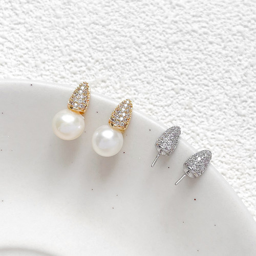 锆石锥形耳钉铜镀真金耳饰配件