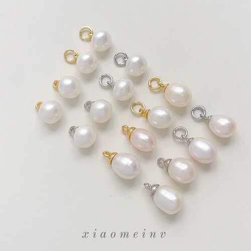 天然淡水珍珠镀18k金吊盖白色馒头珠小滴溜diy手工串珠挂饰配件