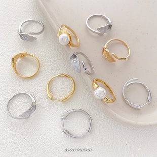 铜镀保色通孔半孔珠花叶戒托巴洛克珍珠配件戒托diy手工戒指饰品