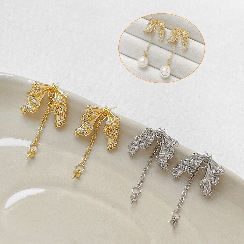 石蝴蝶结耳钉珍珠托流苏铜镀真金