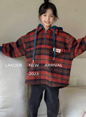 【断码现货】品牌LAKUER拉酷儿XR2093格子连帽套头上衣童装实体店