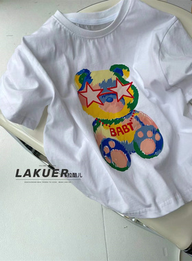 波啦LAKUER拉酷儿童装实体店现货奕佳潮童馆MX1170卡通短袖白T恤