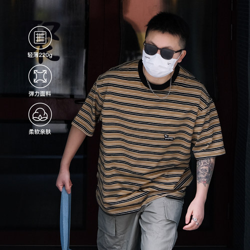 夏季男士纯棉宽松条纹短袖T恤衫