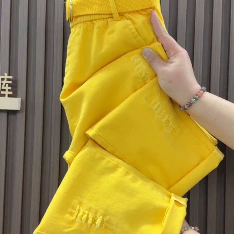 休闲破洞水洗牛仔裤糖果新款2026春季九分哈伦小脚显瘦宽松老爹裤