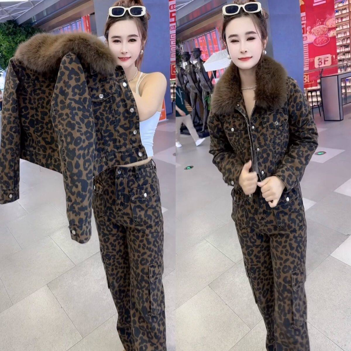 2025秋冬女新款豹纹加厚毛领套装加棉短外套薄绒直筒裤牛仔两件套