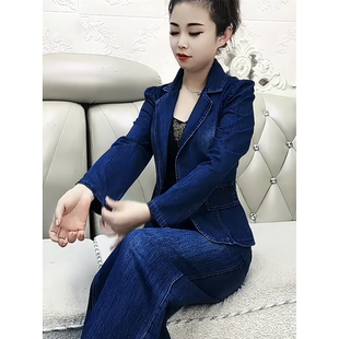 早春网红爆款显气质瘦时尚洋气修身女士牛仔两件套西服上衣+裤子