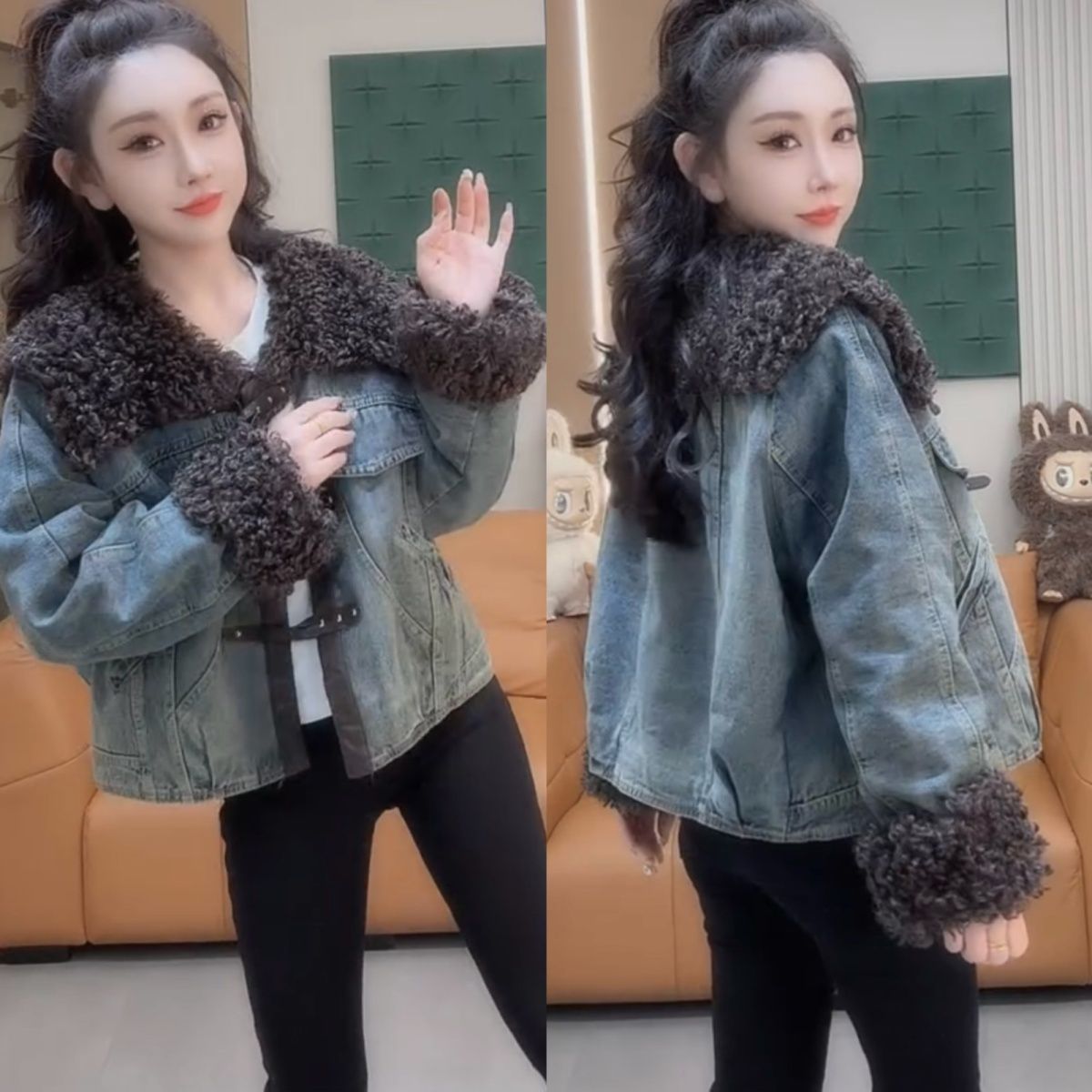 2025初冬新款毛毛领拼牛仔夹棉外套洋气休闲保暖防风牛仔棉外套潮