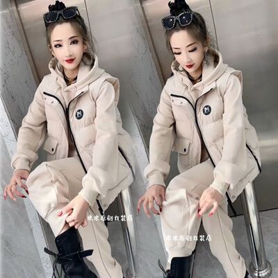 2025冬季连帽卫衣裤颗粒绒加绒加厚三件套棉马甲字母标洋气套装女