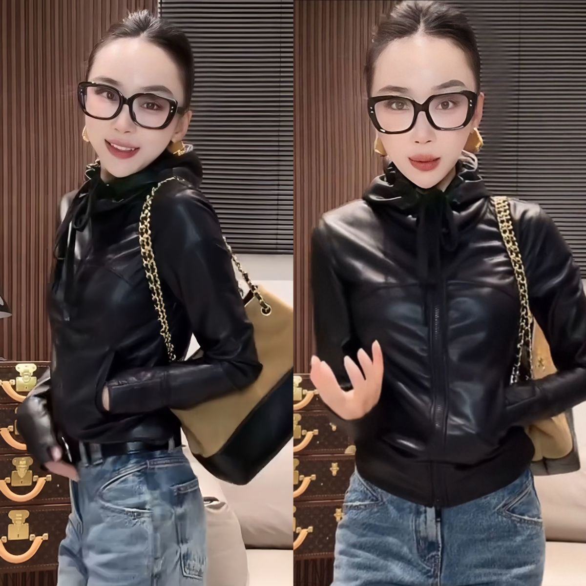 2025早秋穿搭新款皮衣连帽蛋白皮短外套绝美巨好看修身双拉链上衣