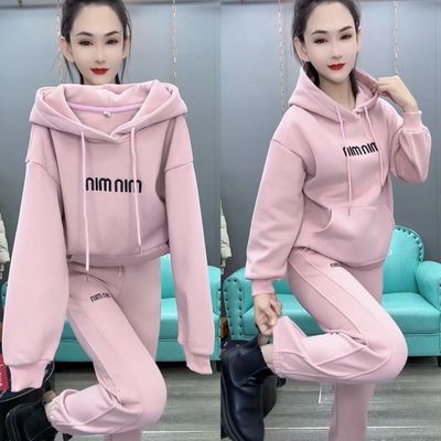 加绒加厚2025秋冬季新款休闲运动服套装连帽套头卫衣束脚裤两件套