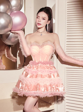 越南小众LA REINE 2026年春季新款甜美茜茜公主粉色薄纱花边裙