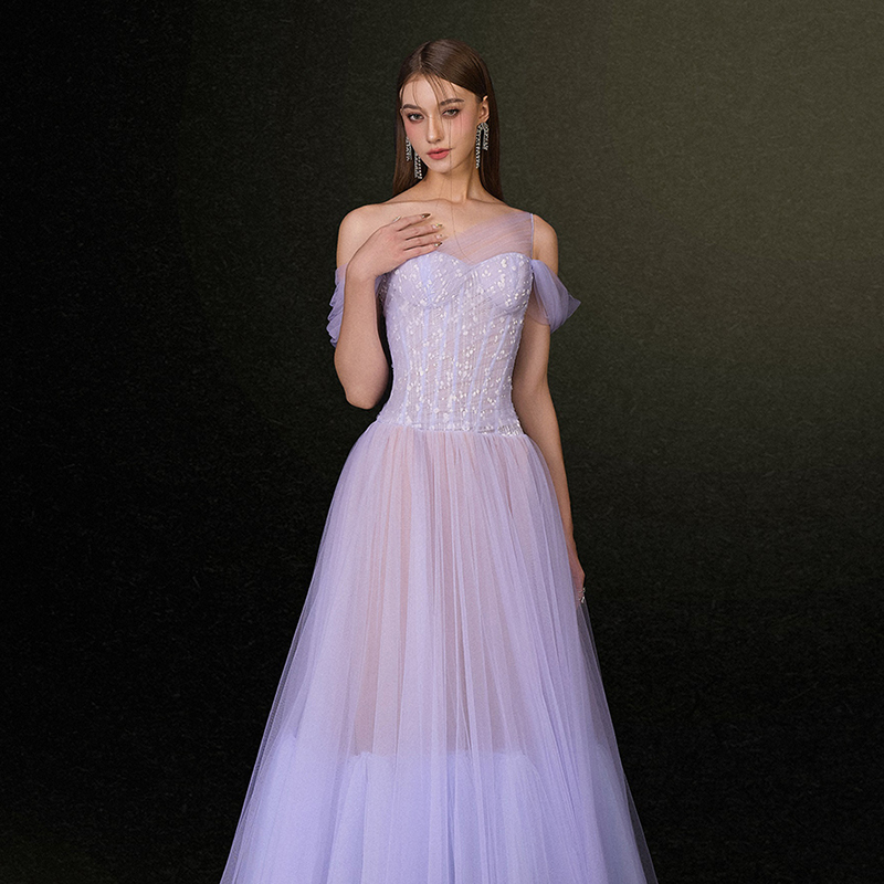 越南JOSEPHINE 2025年新年新款魅力紫色细腻花朵网纱连衣裙