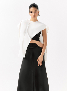 越南小众MUSTHAVE 2023年夏季新款简约黑色皮质感裙子+白色披肩